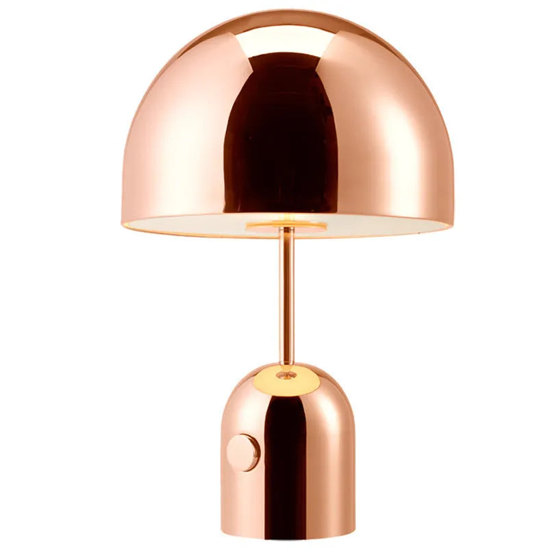 Mushroom-shaped table lamp with a metal base in rose gold finish