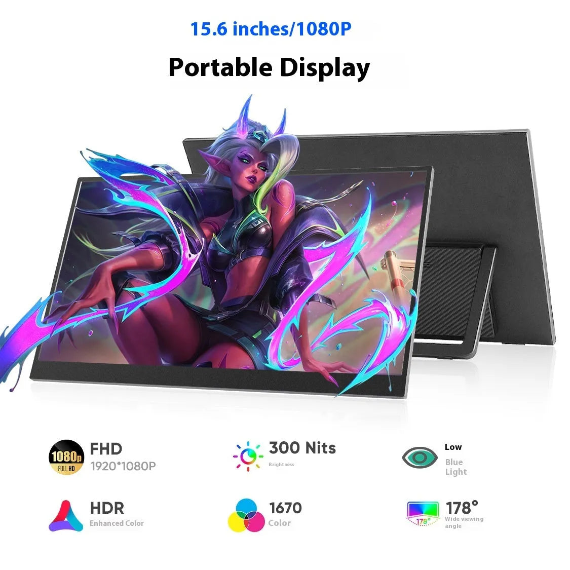 Black 15.6-inch portable monitor with adjustable stand on office desk