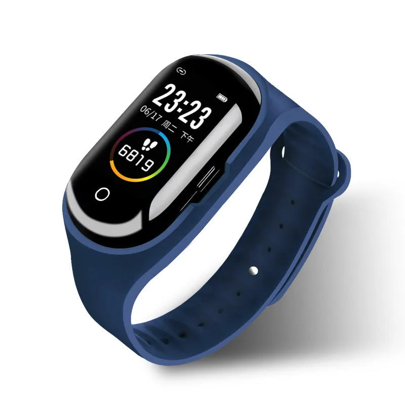 Smart bracelet earphone combo with 1-inch touchscreen in black, blue, or red silicone wristband