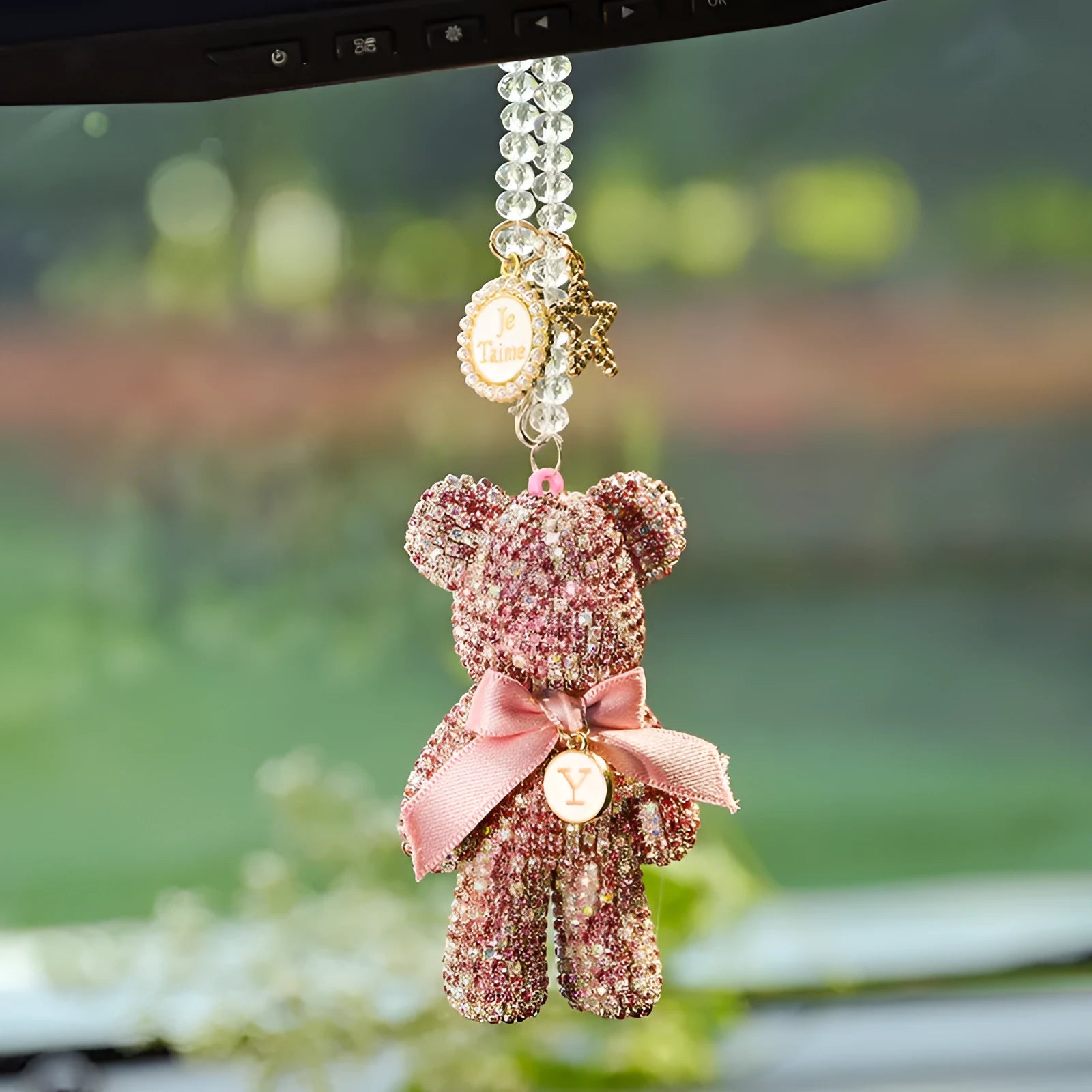 Violent Bear character car rearview mirror pendant with diamond-embedded rhinestone detailing measuring 5x9cm