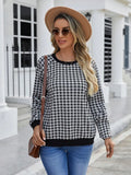 Black Japanese plaid pattern long sleeve polyester sweater showing front view with regular sleeves