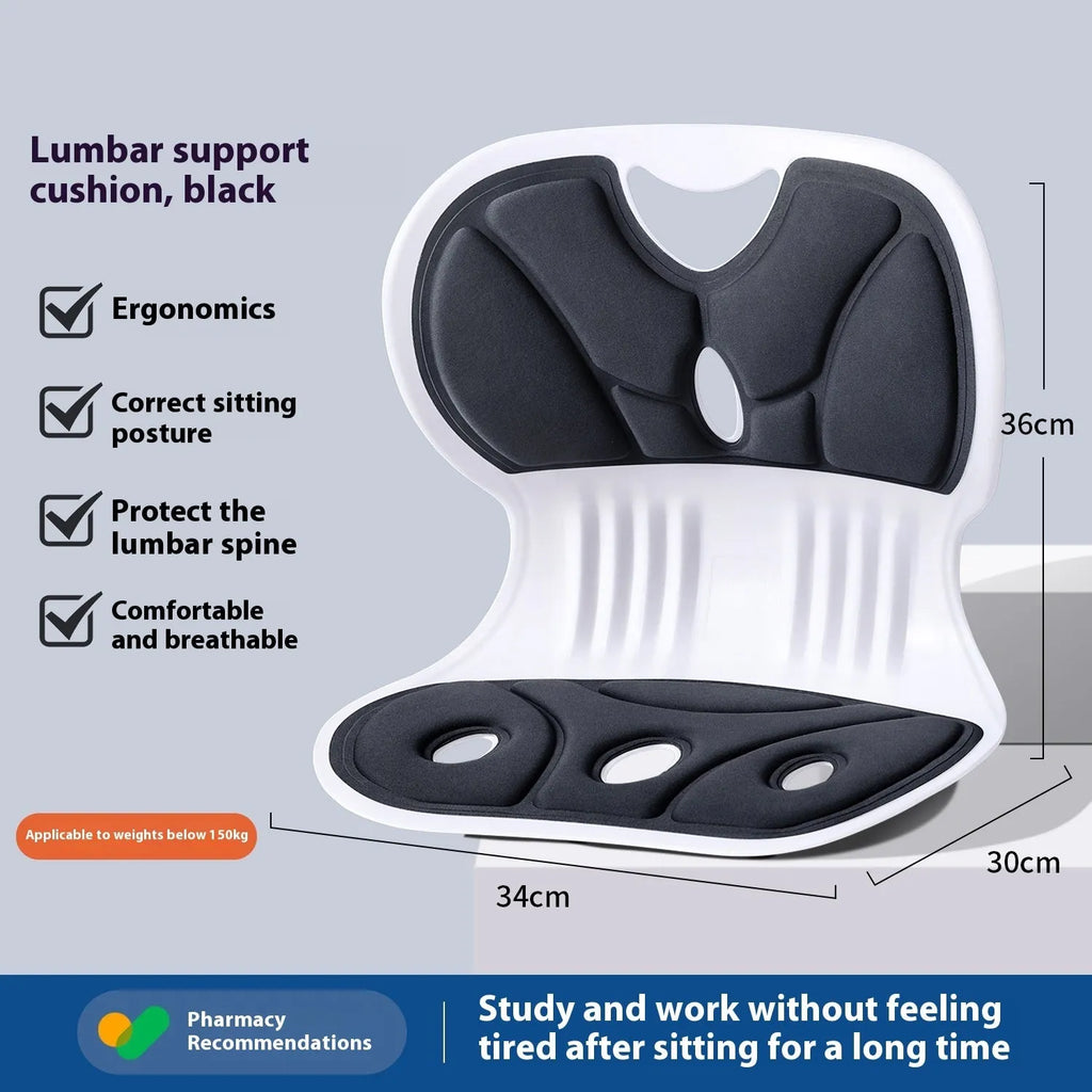 Grey and black lumbar support cushion for chair seat, showing classic and upgraded strong support models.