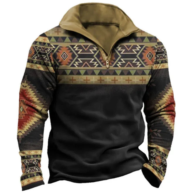 Man wearing a loose fit long sleeve t-shirt with retro colour printing and stripe pattern for golf or casual wear