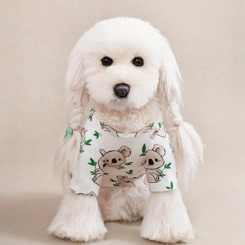 Colourful printed polyester t-shirt for a small dog showing casual spring and autumn pet clothing.
