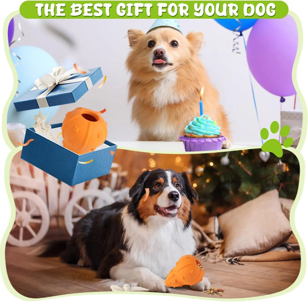 Natural rubber stuffable dog chew toy with longer strap for fetch and treat dispensing.