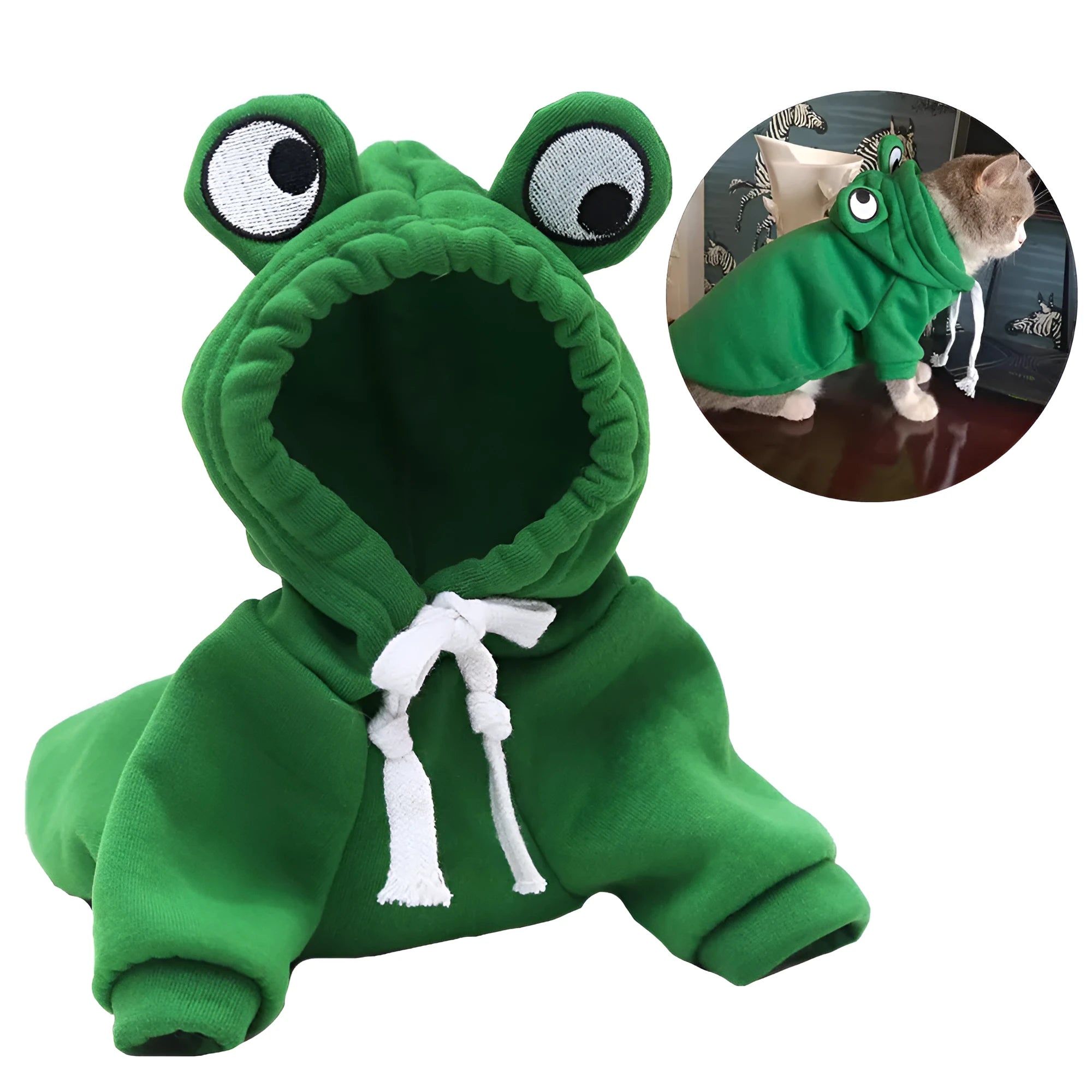 Green frog costume hoodie on small dog with size measurement diagram