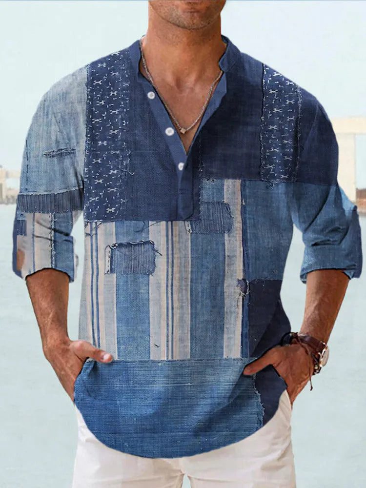Men's thin Hawaiian long sleeve shirt in digital bamboo linen stripe pattern