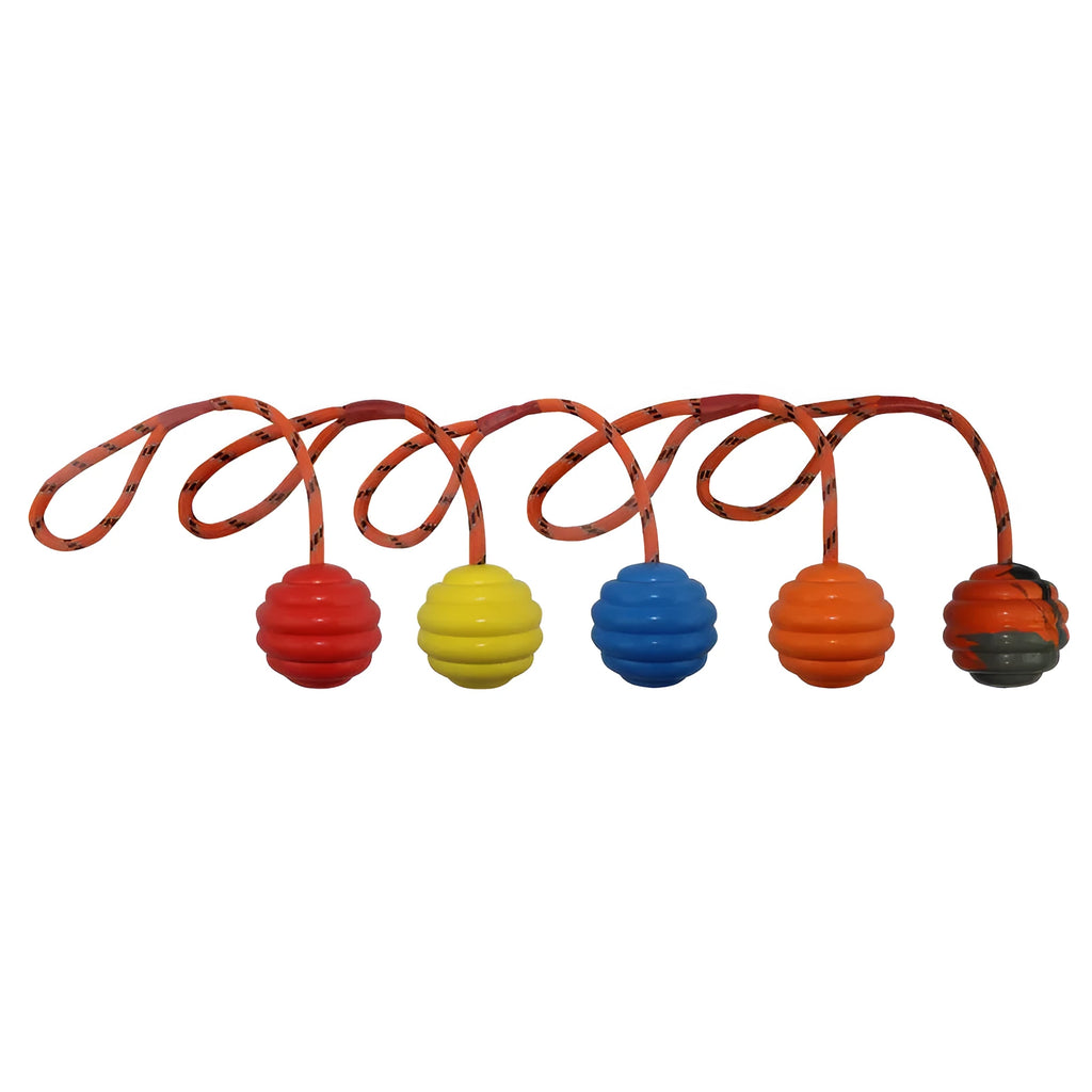 Rubber dog toy with rope knot elements in multicolour options, measuring 6x30cm