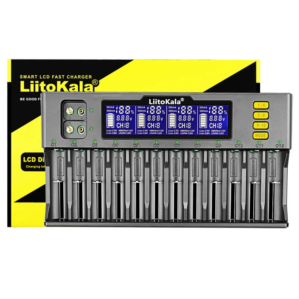 LiitoKala Lii-S12 12-slot LCD battery charger black with 12 batteries inserted on display