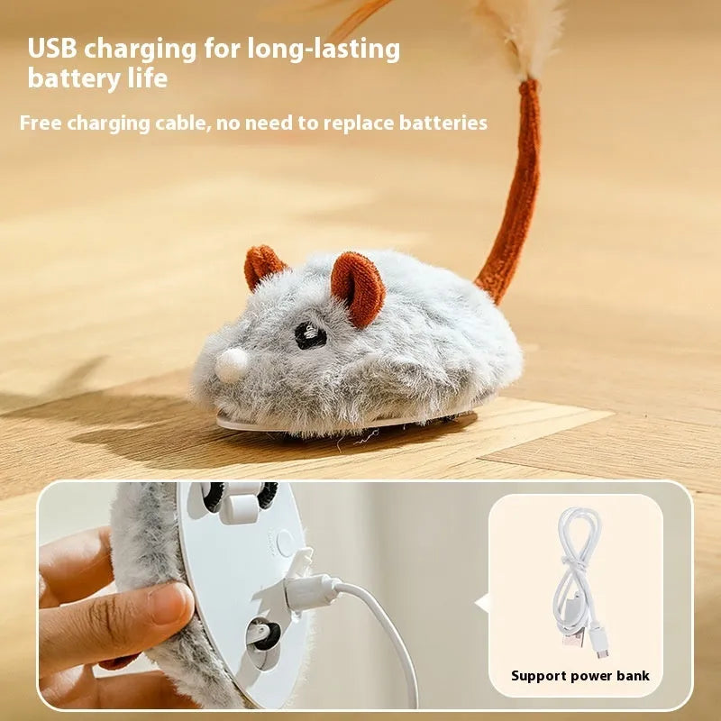 Self-playing electric cat toy with plush mouse on pole, available in pink, dark grey and purple colours
