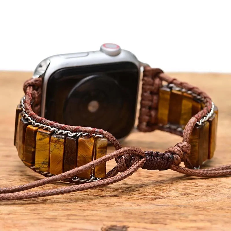 Rectangular tiger eye stone chain on an adjustable textile watch strap bracelet