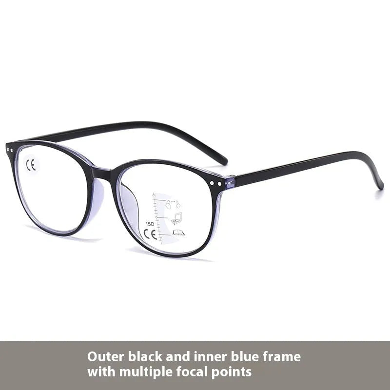 Woman wearing ultra-lightweight multi-focus presbyopic glasses with a black frame.