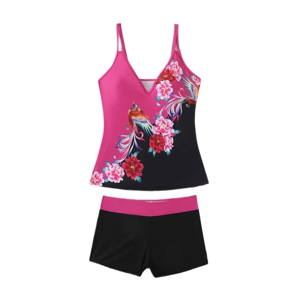 Women's black plus size brief swimsuit and swimming trunks set with a cotton lining.