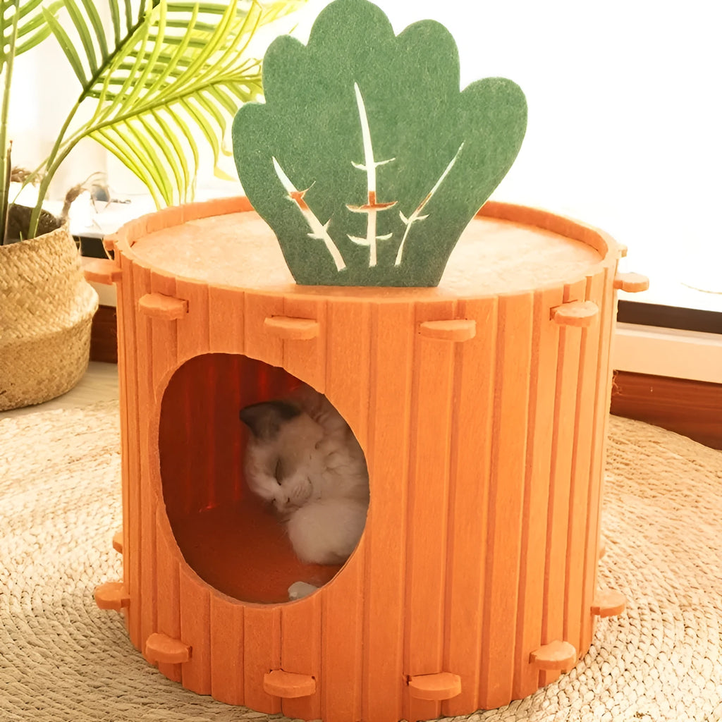 Orange carrot-shaped felt cat nest tunnel with a semi-enclosed design and drilled openings.