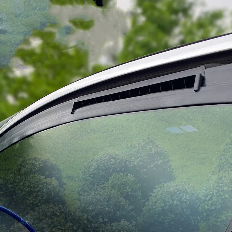 Black and white USB-powered car ventilation fan with compact rectangular design