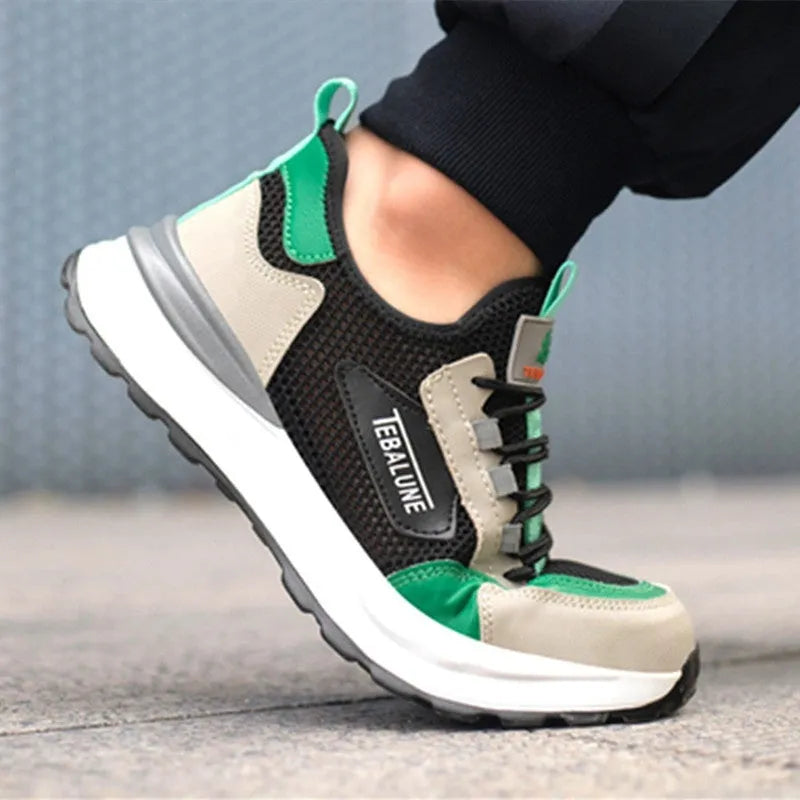 Black green safety shoes with mesh uppers and plastic steel toe cap