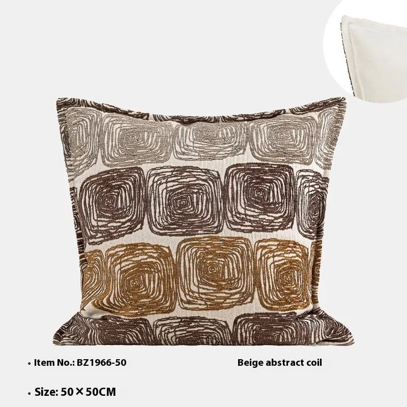 Cream and coffee-coloured abstract coil pattern pillow cover showing square and rectangular sizes
