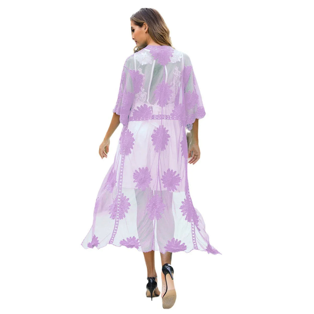 Light purple women's lace embroidered beach dress swimsuit cover-up
