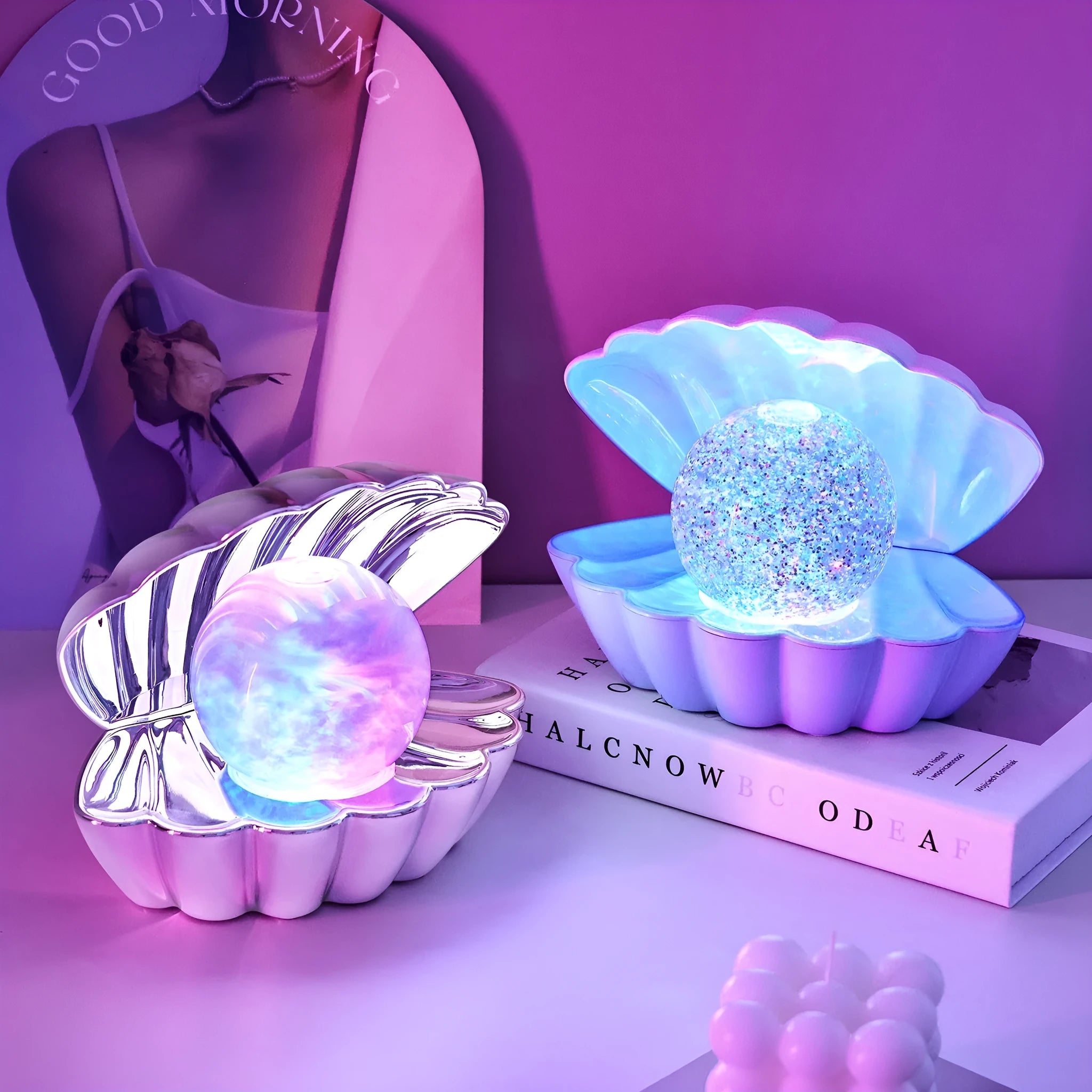 Shell-shaped small neon night lamp with battery power for ambience lighting.