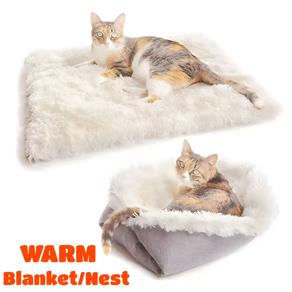 Grey or white pet blanket with long plush hair measuring 61cm by 51cm with non-slip black bottom