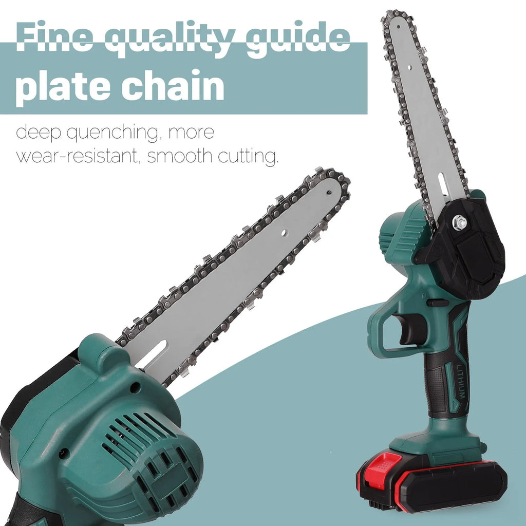Black mini electric chainsaw held in one hand, showing 4-inch guide bar and compact body.