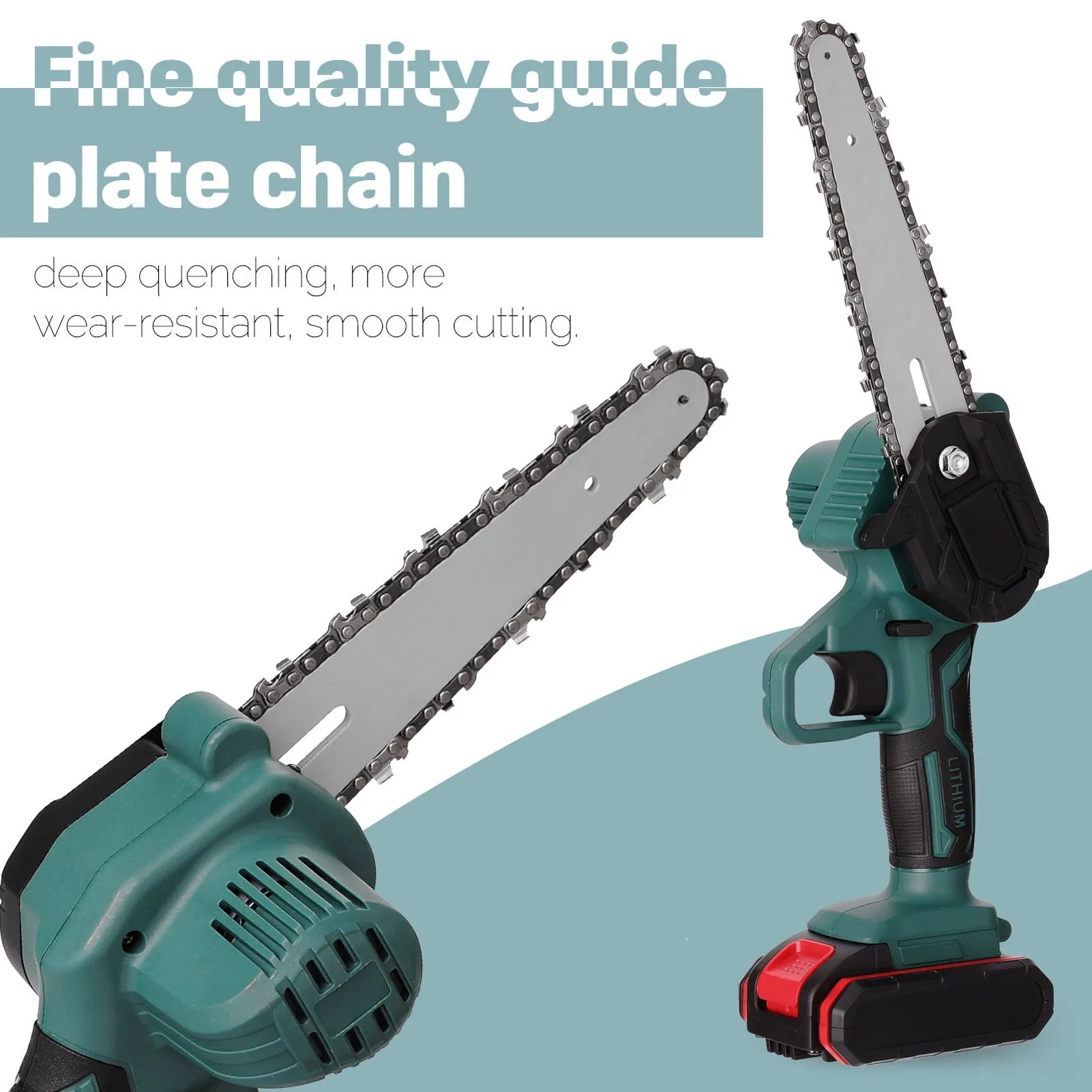 Black mini electric chainsaw held in one hand, showing 4-inch guide bar and compact body.