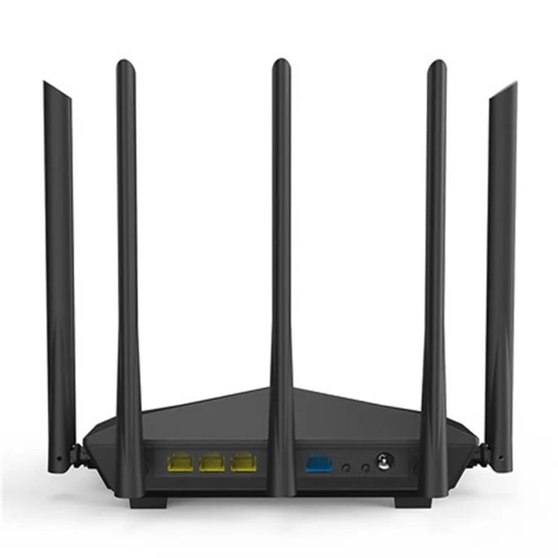 Black AC11 Gigabit wireless router with four Ethernet ports and compact design