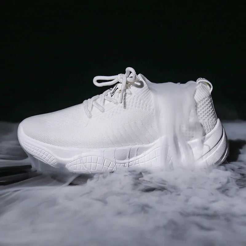 Women's white thick-soled casual trainers with woven upper and front strap design