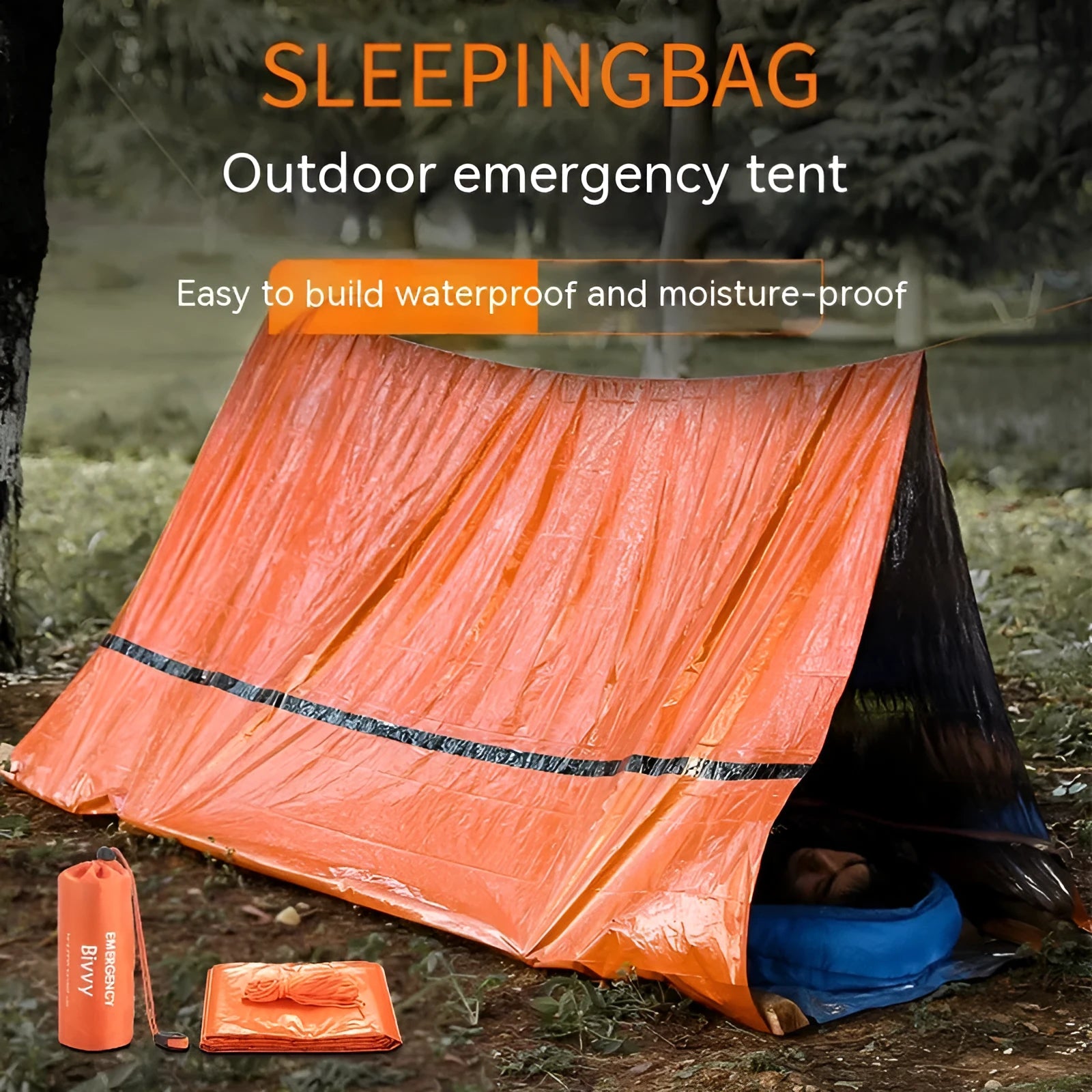 Emergency disaster relief tent kit with sleeping bag and raincoat in orange and green colours