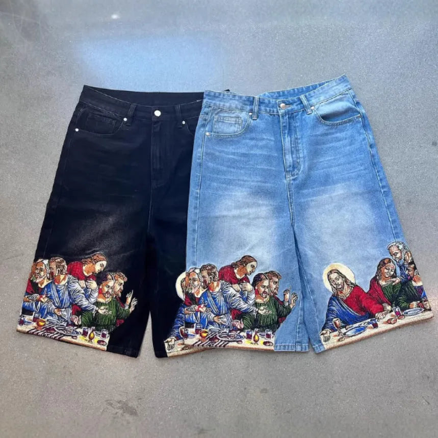 Blue men's tapered cotton shorts with a Jesus print on the back pocket.