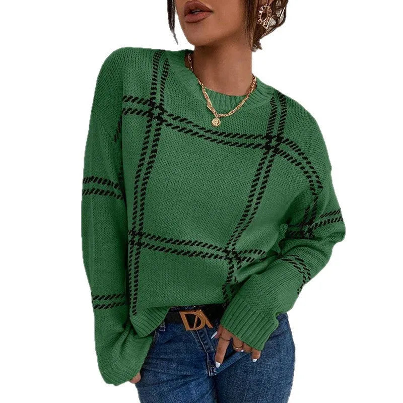 Women's plaid colour-block crew neck sweater in acrylic fabric with medium thickness