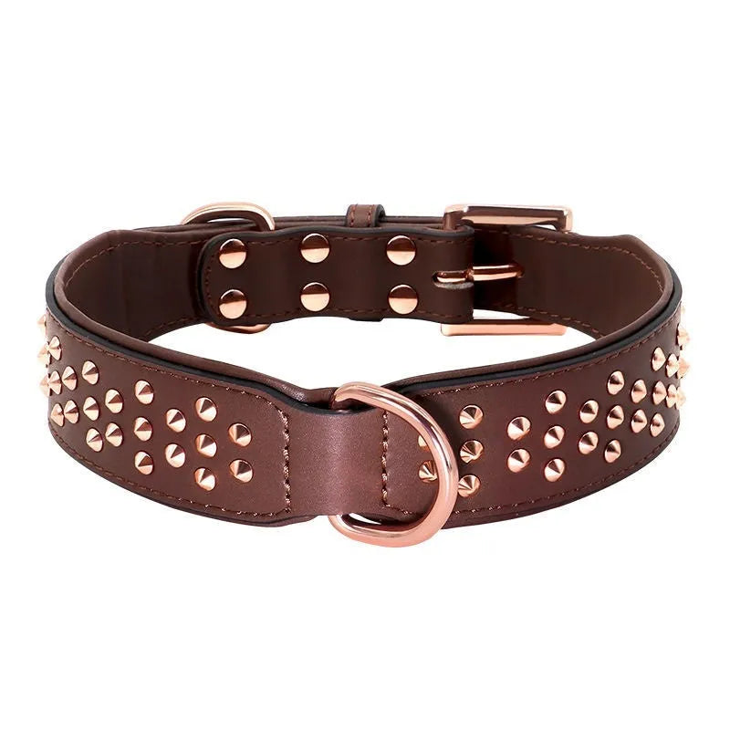 Leather dog collar with metal rivets, adjustable buckle, and D-ring in black, chocolate, or pink.