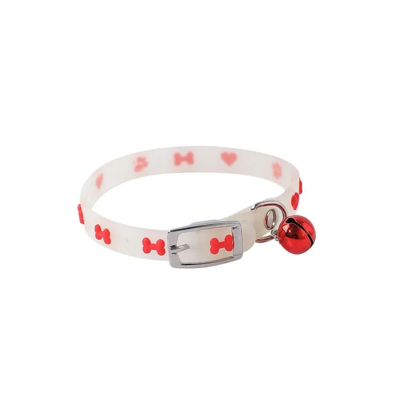 Glow-in-the-dark adjustable cat collar with metal bell in love, fishbone, footprint or paw print design
