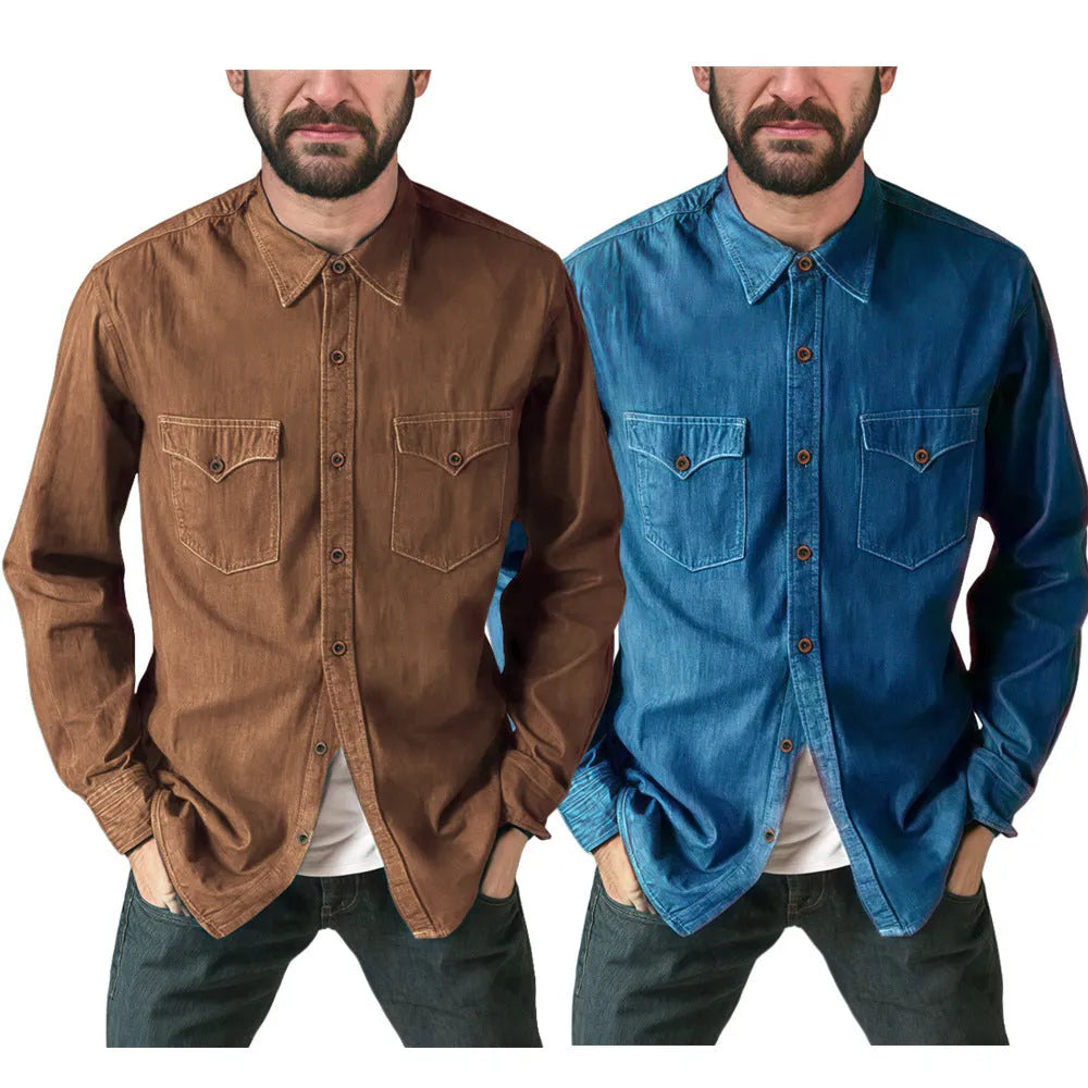 Men's regular fit denim cardigan coat in khaki, black, blue, or grey.