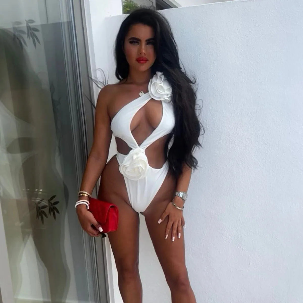 Red solid colour hollow out one piece swimsuit with matching short skirt set for women