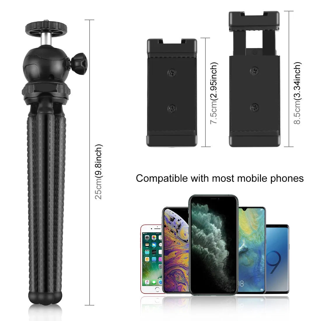 Black octopus tripod broadcast kit with flexible legs, fill light, and microphone for iPhone