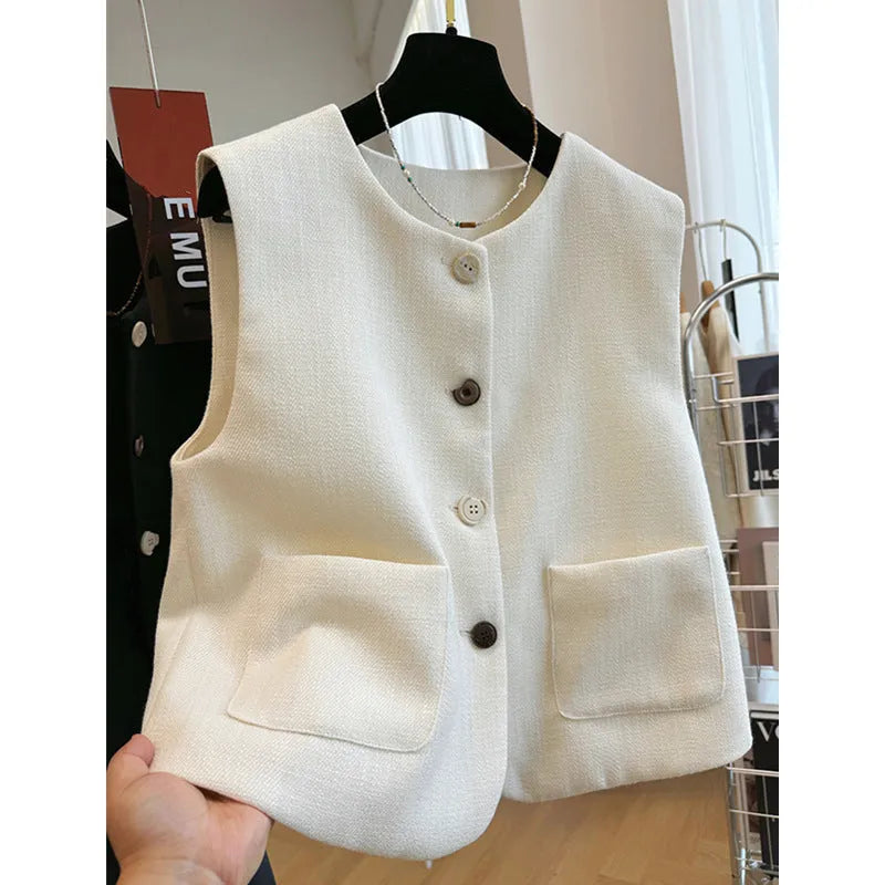 French style round neck sleeveless bandage vest in polyester fabric