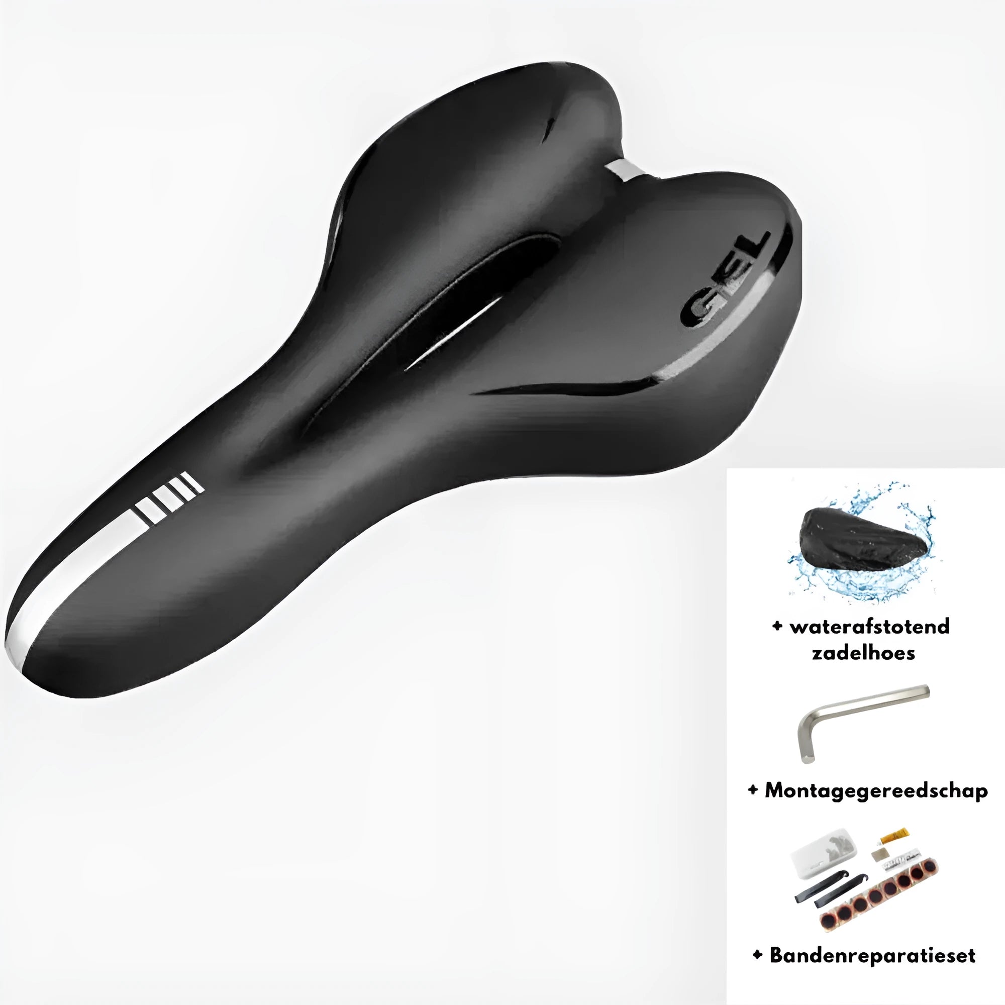 Soft silicone bicycle cushion with PU leather cover, wrench, and waterproof accessories.