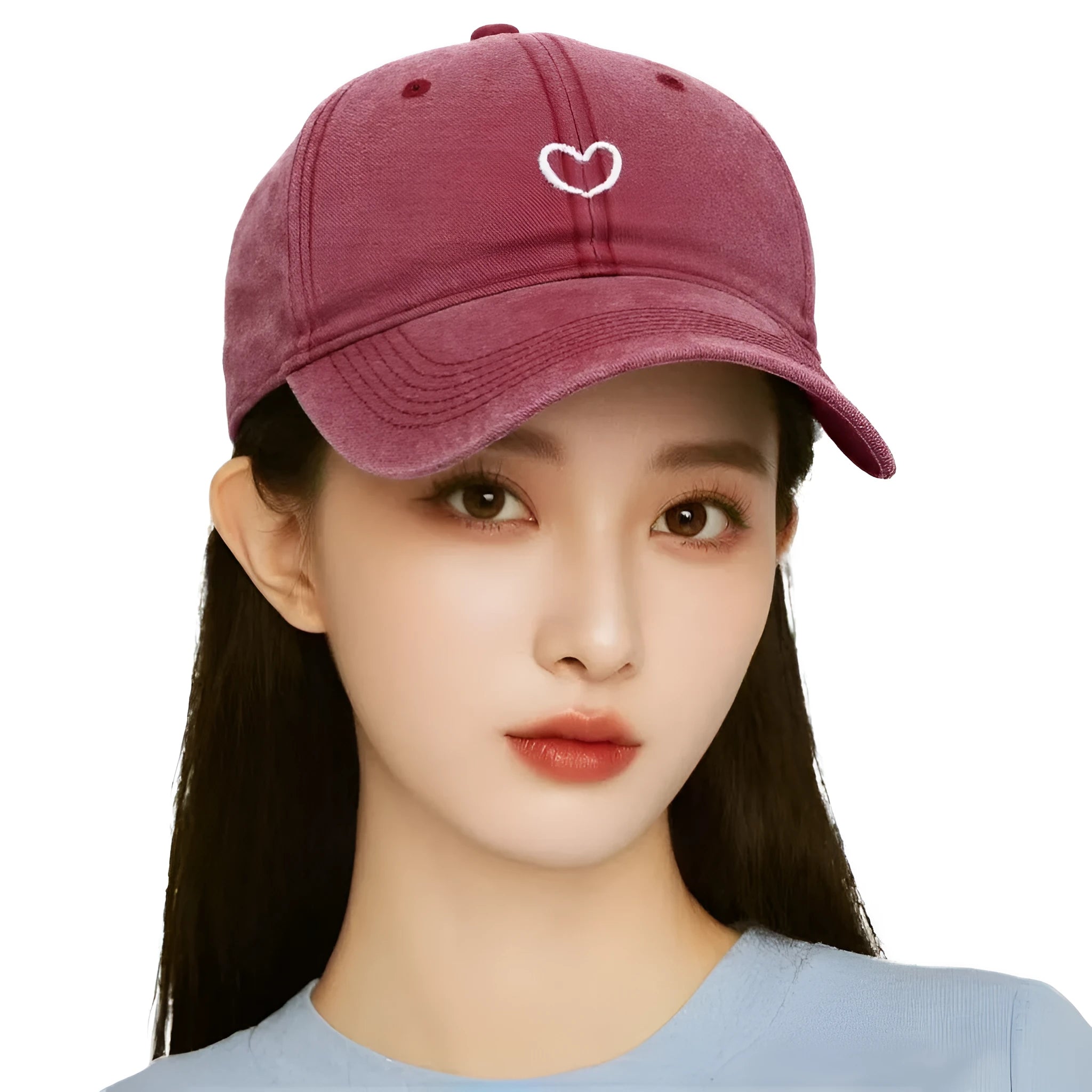 Cotton baseball cap with embroidered red love heart on front, shown in grey.