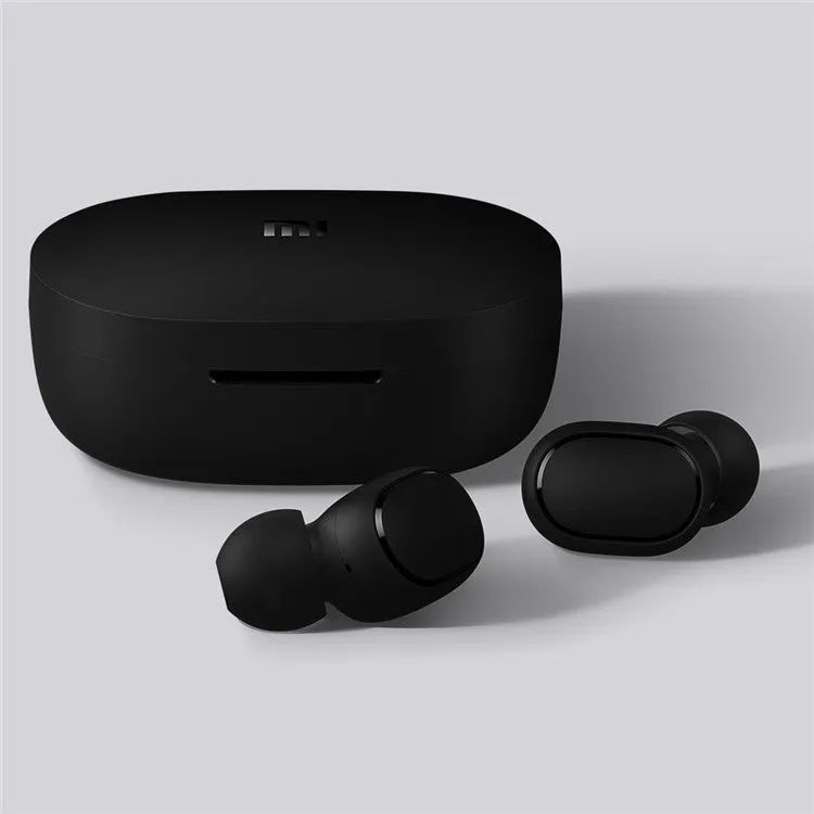 Redmi AirDots Black true wireless earbuds and charging case on a white background.