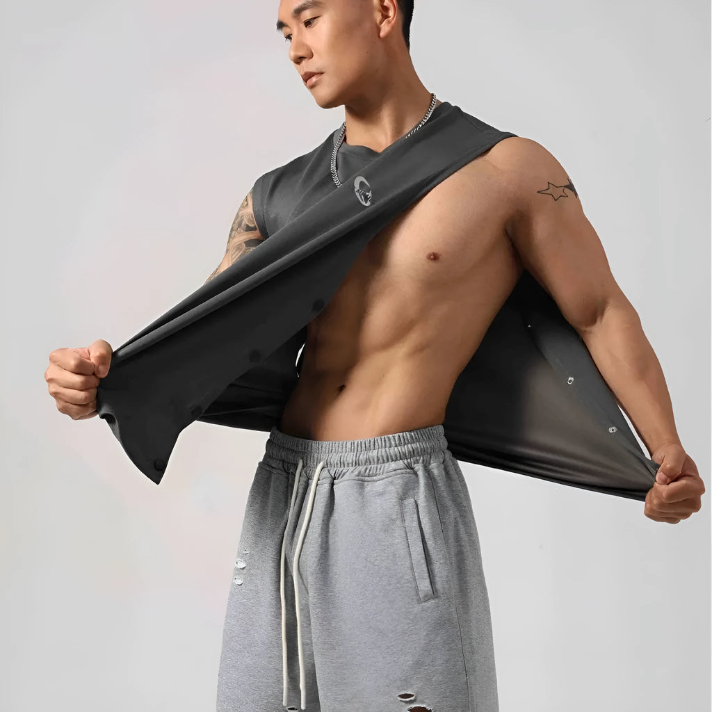 Korean style men's loose cotton fitness vest with hidden side hooks in black.