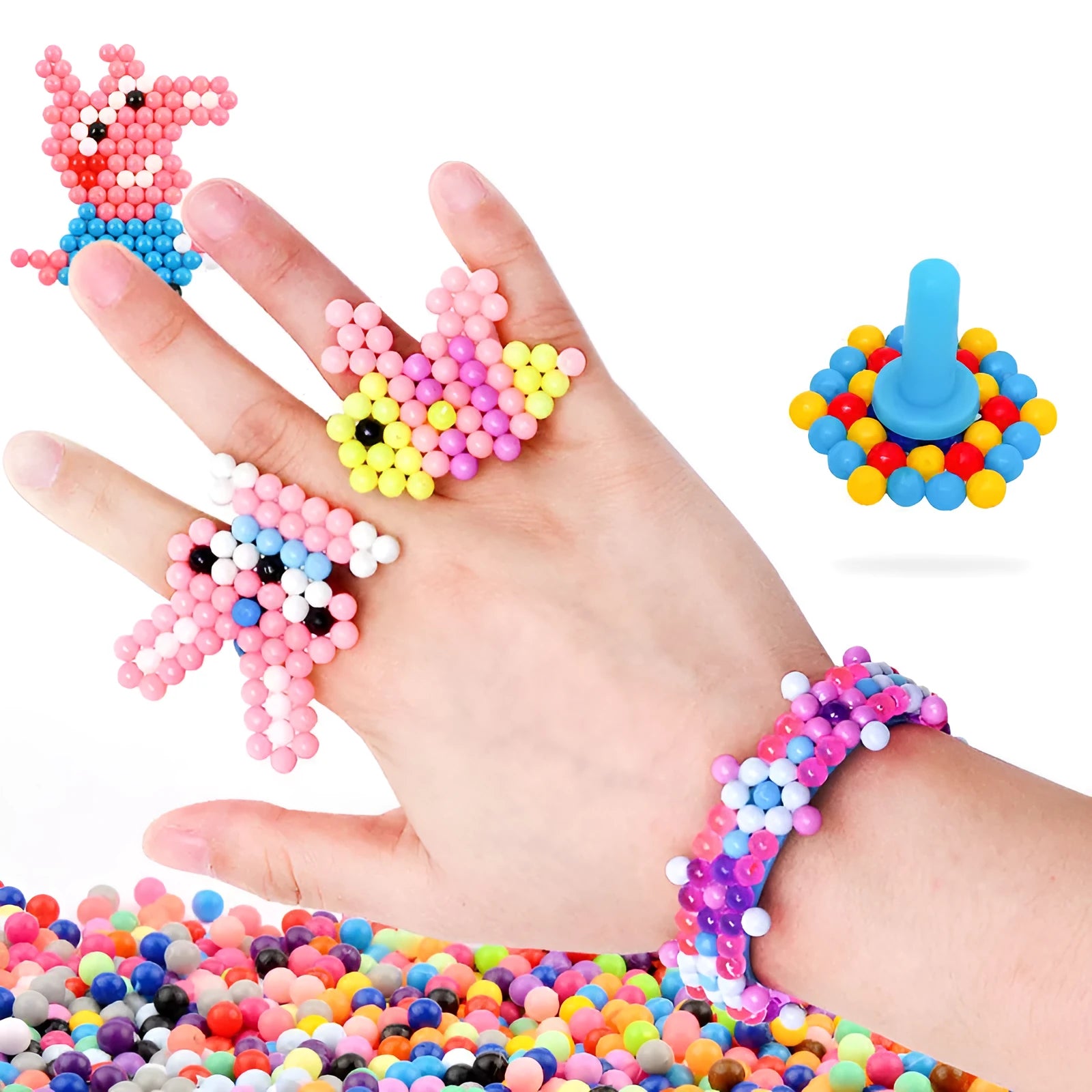 Static plastic toys in assorted colours packed in a transparent plastic storage box