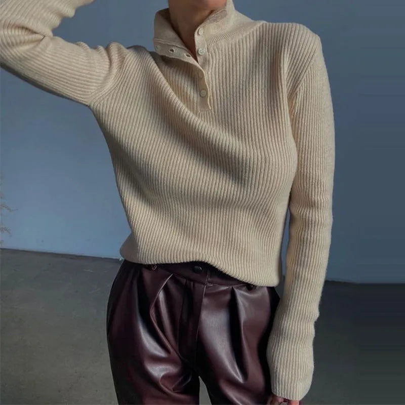 Women's retro half turtleneck pullover sweater with single-breasted placket in slim fit