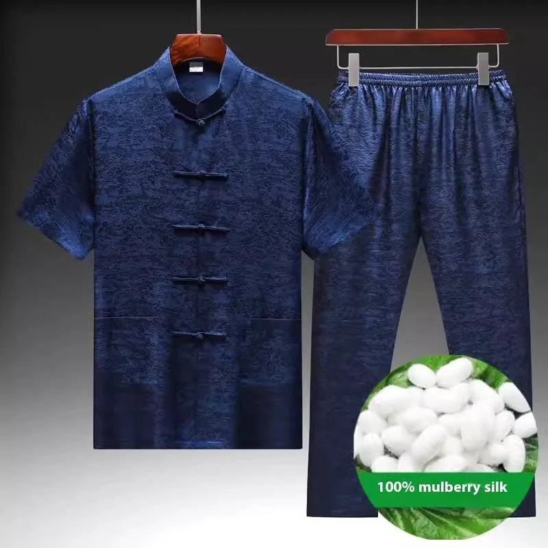 Traditional Chinese-style men's Tang suit in mulberry silk fabric showing white, light green and navy blue colour options