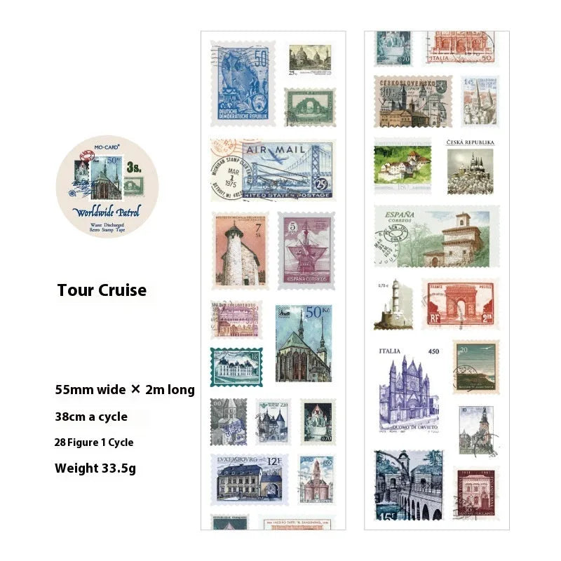 Roll of retro-patterned coated paper stamp stickers for DIY journal decoration, 55mm wide