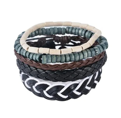 Hand-woven leather bracelet with wooden beads and adjustable closure in punk style