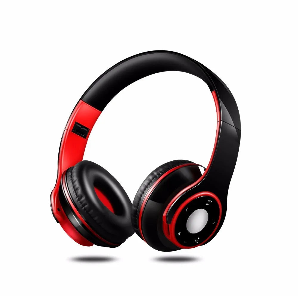 Blue foldable Bluetooth headset with adjustable hinges showing 3.5mm jack and USB port