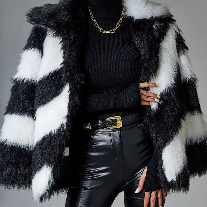 Faux fur coat with contrast lapel and detachable fur collar in normal 50cm length