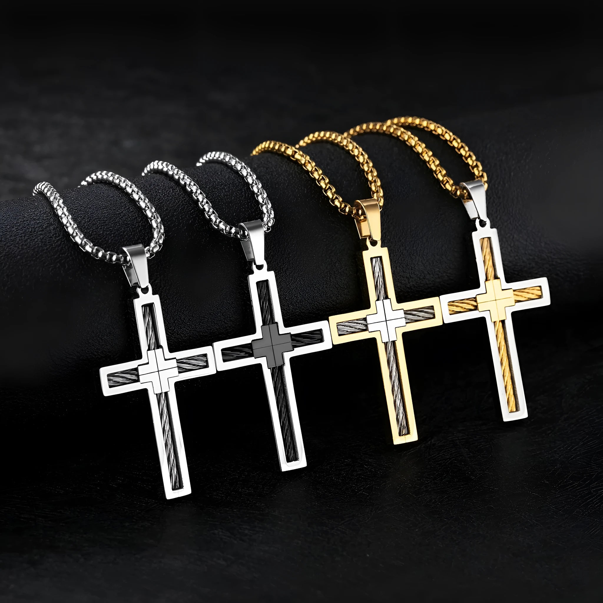 Titanium steel wire cross pendant on a 550mm white steel chain, silver finish, men's necklace