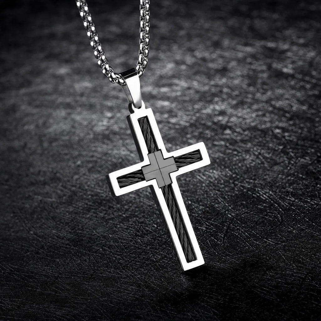 Titanium steel wire cross pendant on a 550mm white steel chain, silver finish, men's necklace